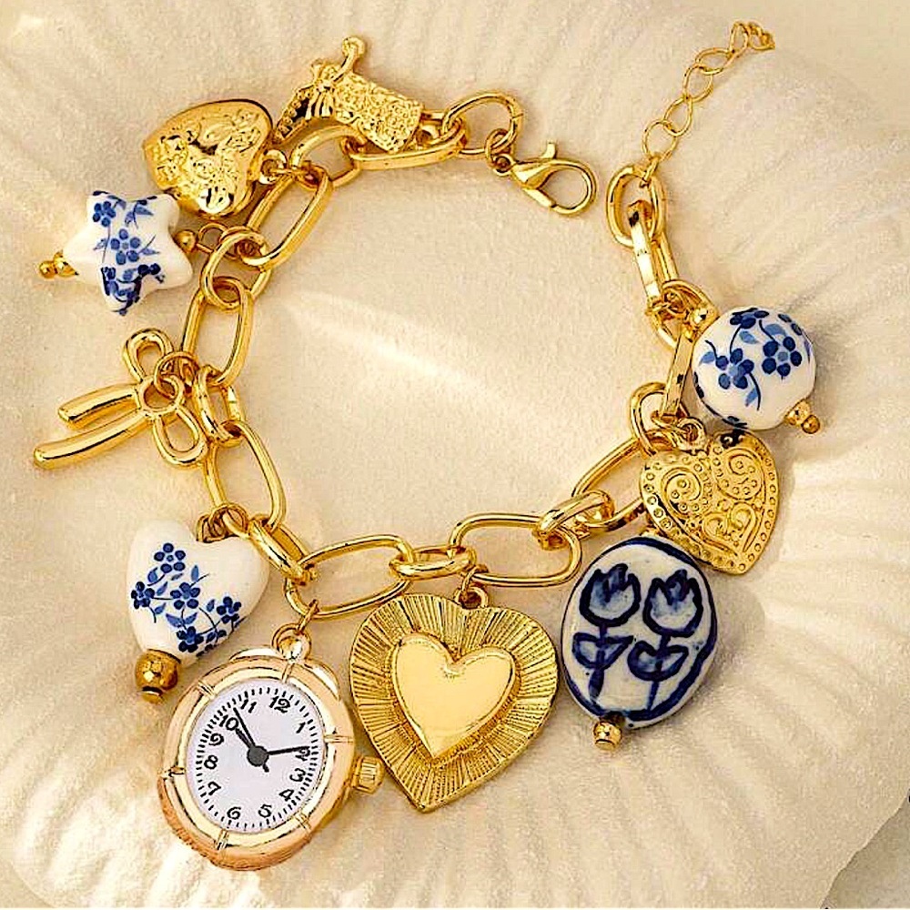 Stampd Gold and Blue Clock Charm Bracelet
